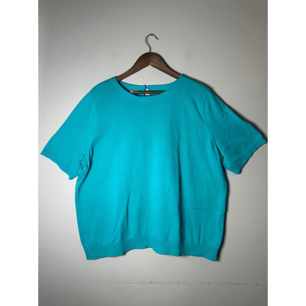 Talbots Teal Cotton Knit Short Sleeve Top Keyhole Back Large Coastal Classic